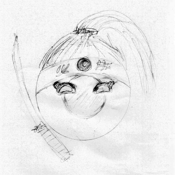 Small Japanball Banzai with a katana, eyelashes, and a girl’s hairstyle