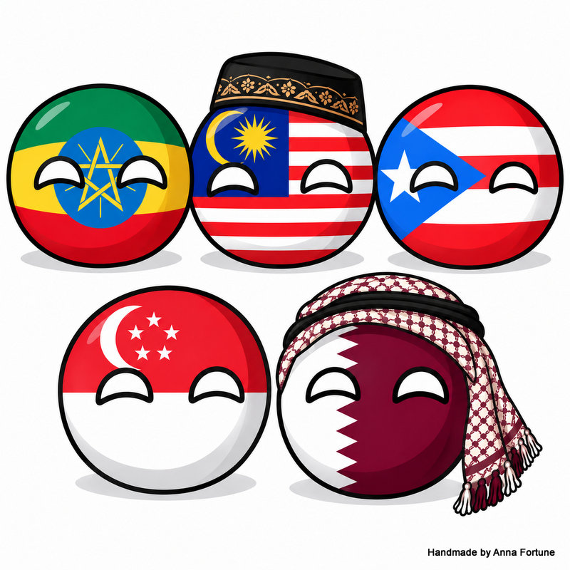 Small Set: Ethiopia, Malaysia (with kopiah), Puerto Rico, Tringapore, Qatar (with keffiyeh)